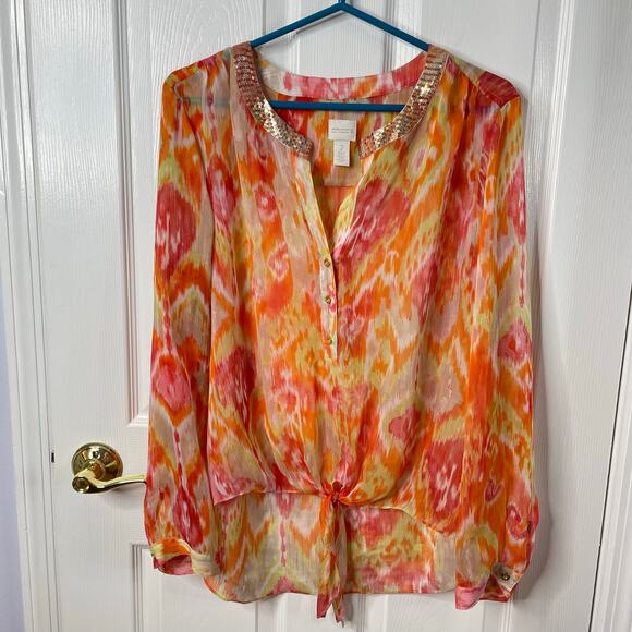 Chico’s blouse high-low tie front gauze embellished 2 or L - Picture 2 of 7